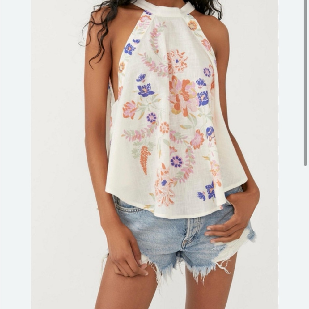 Free People Cream Floral Halter Tank with Pink, Orange & Blue Accents